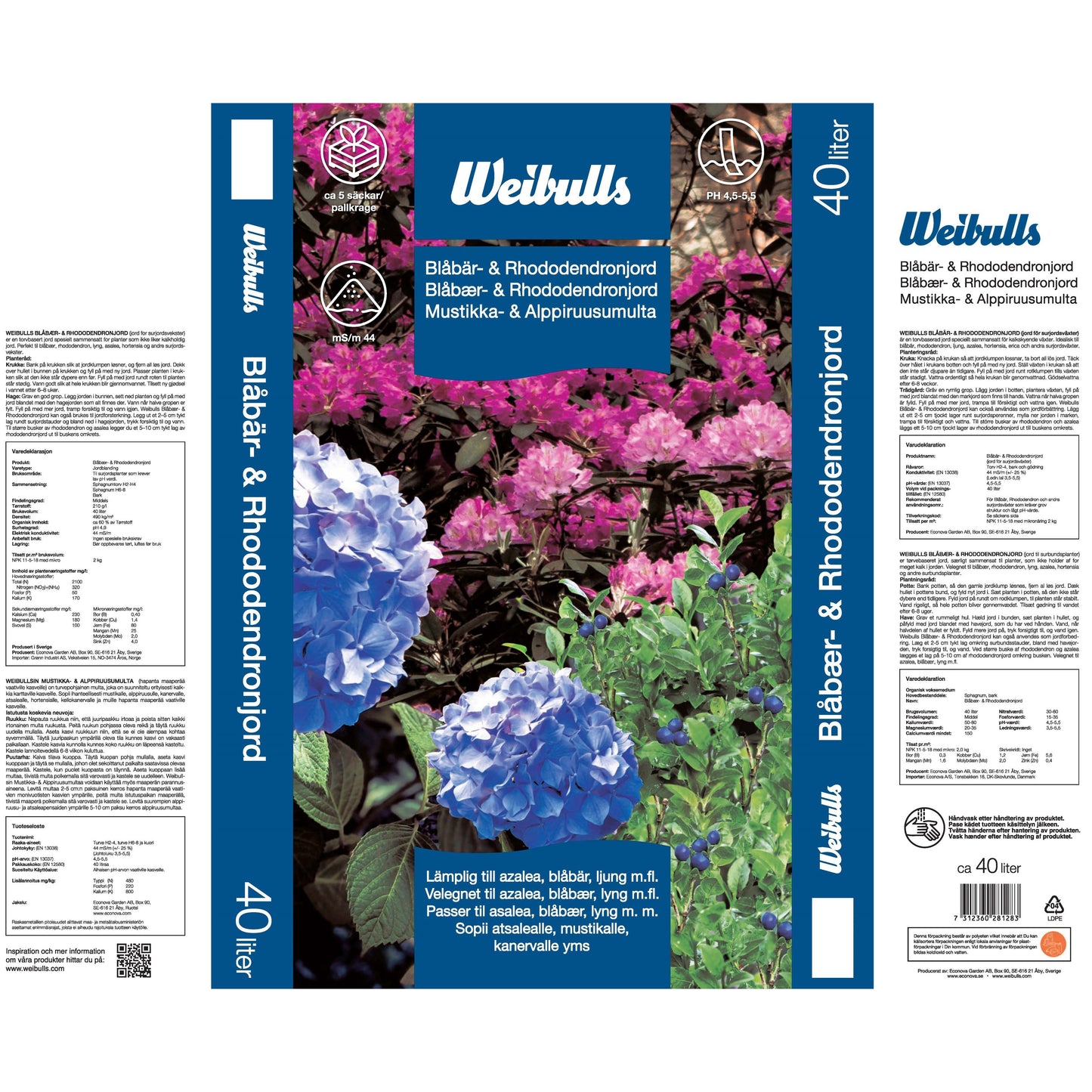 Weibulls Blåbär & Rhododendronjord 40l 51st/pal